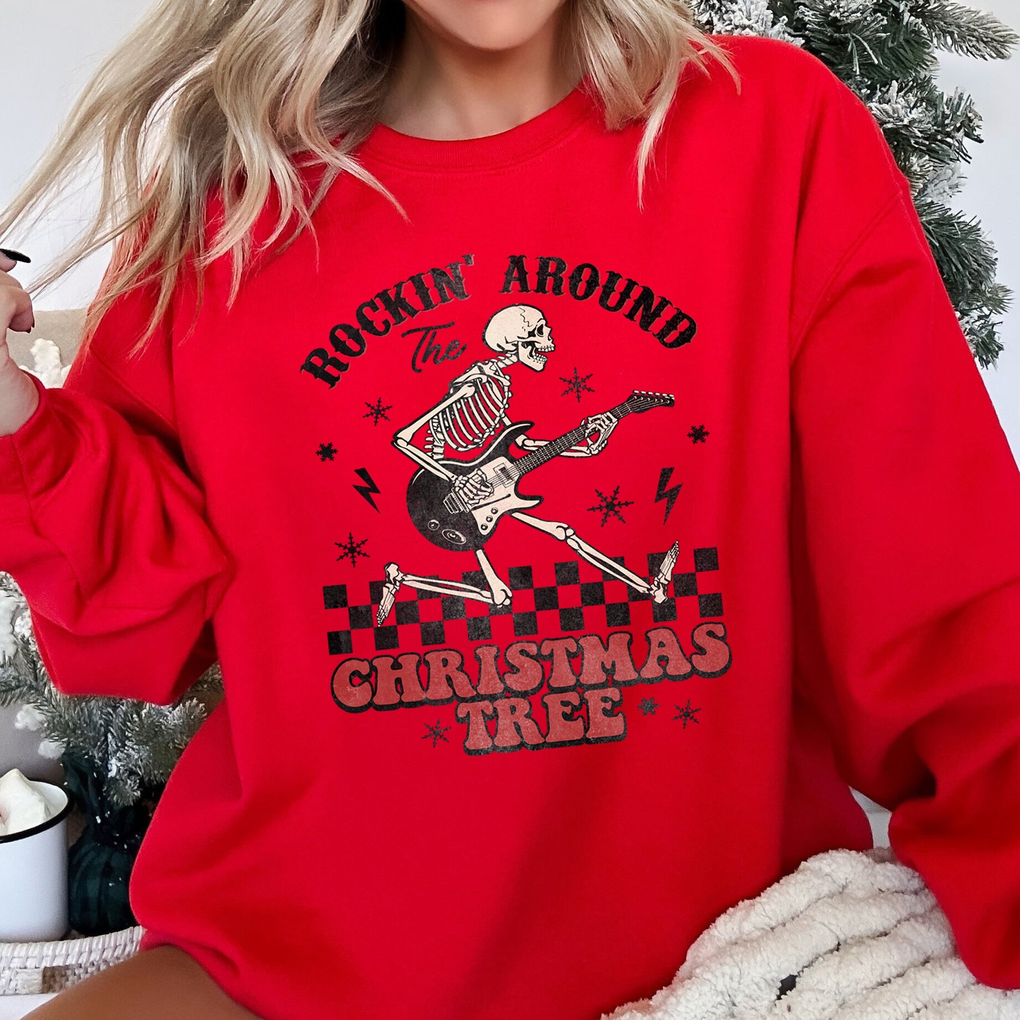 Rocking Around The Christmas Tree Skeleton Rock Holiday Ornament Edition Sweatshirt