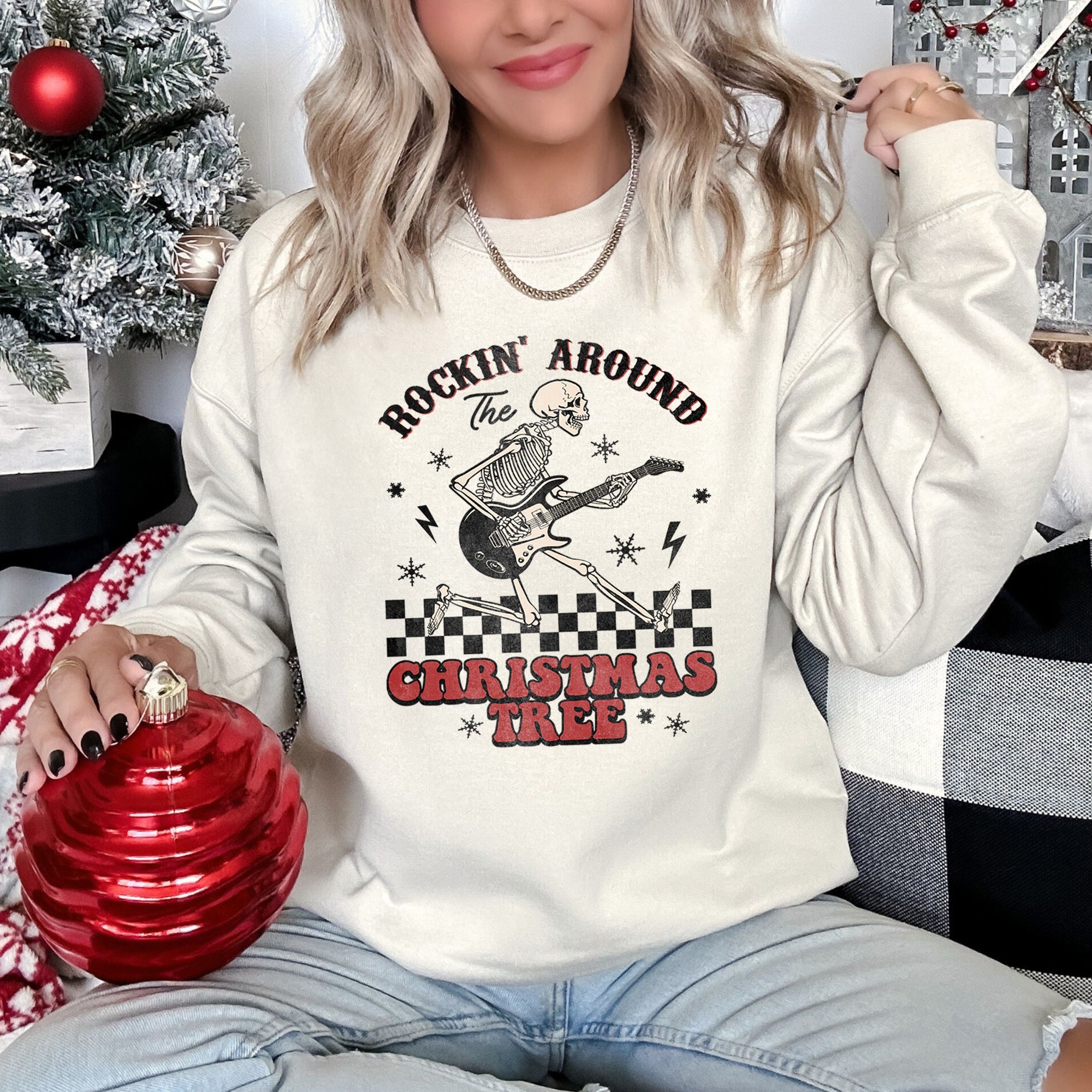 Rocking Around The Christmas Tree Skeleton Rock Holiday Ornament Edition Sweatshirt
