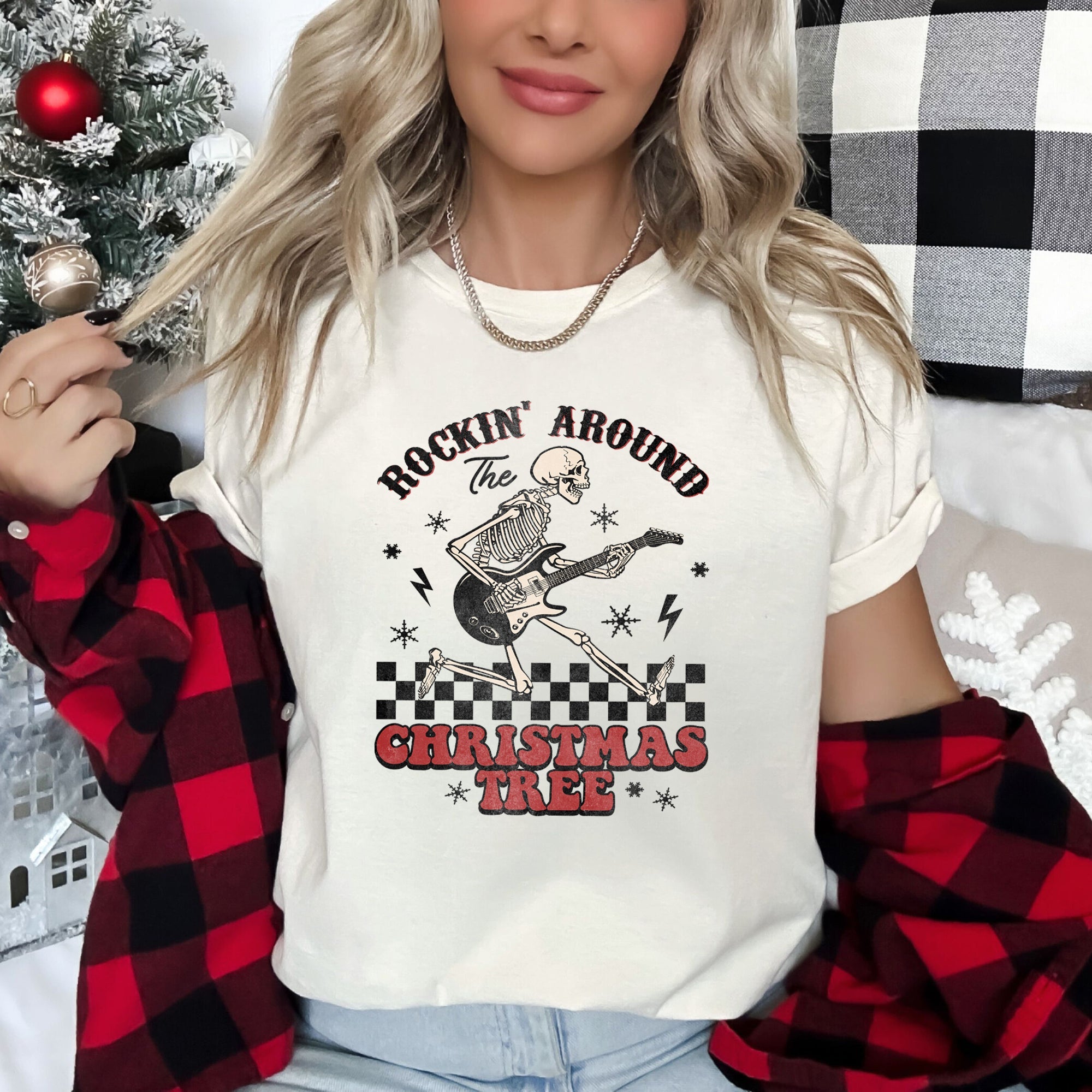 Rocking Around The Christmas Tree Skeleton Retro Rock And Roll Holiday Graphic Tee