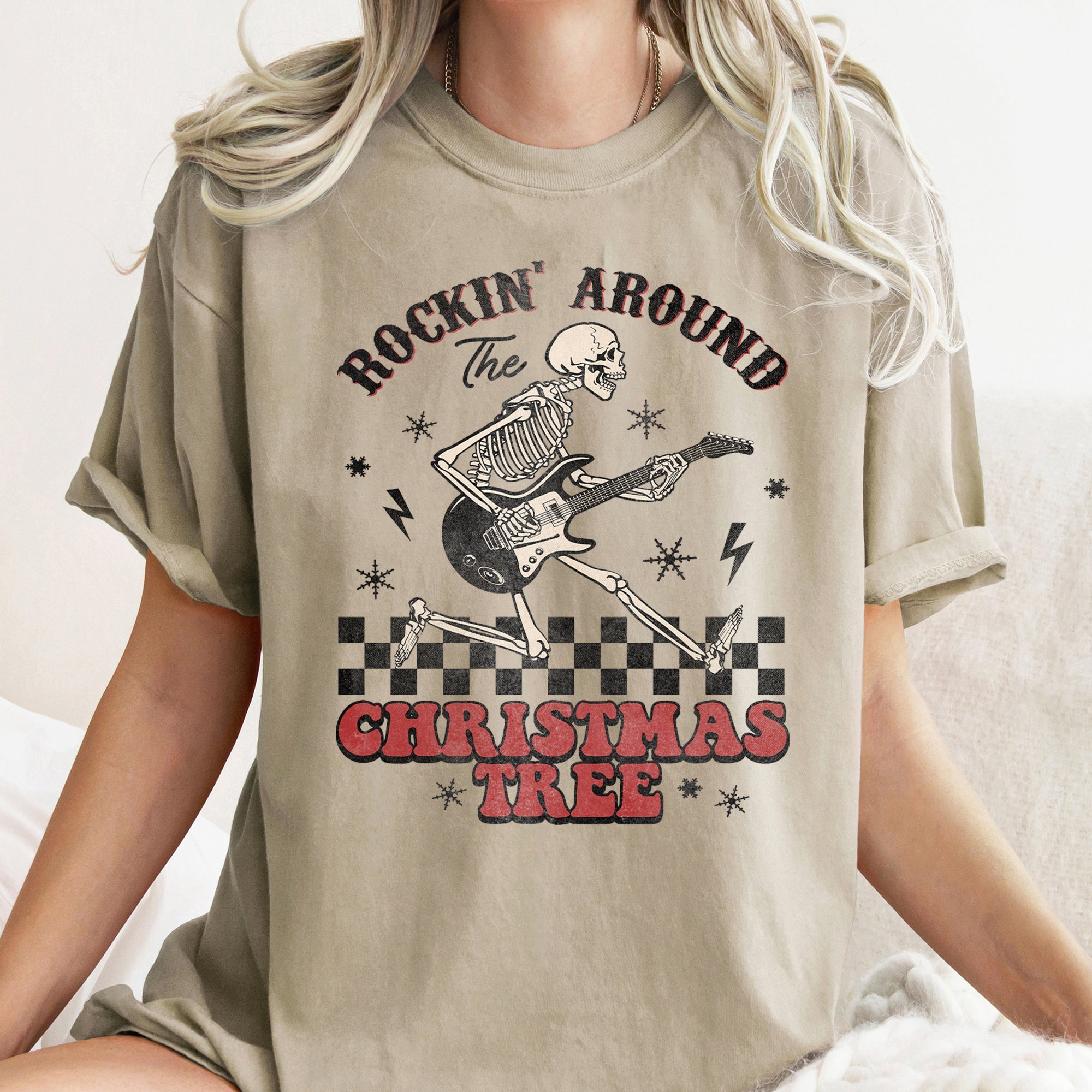 Rocking Around The Christmas Tree Skeleton Retro Rock And Roll Comfort Colors Tee