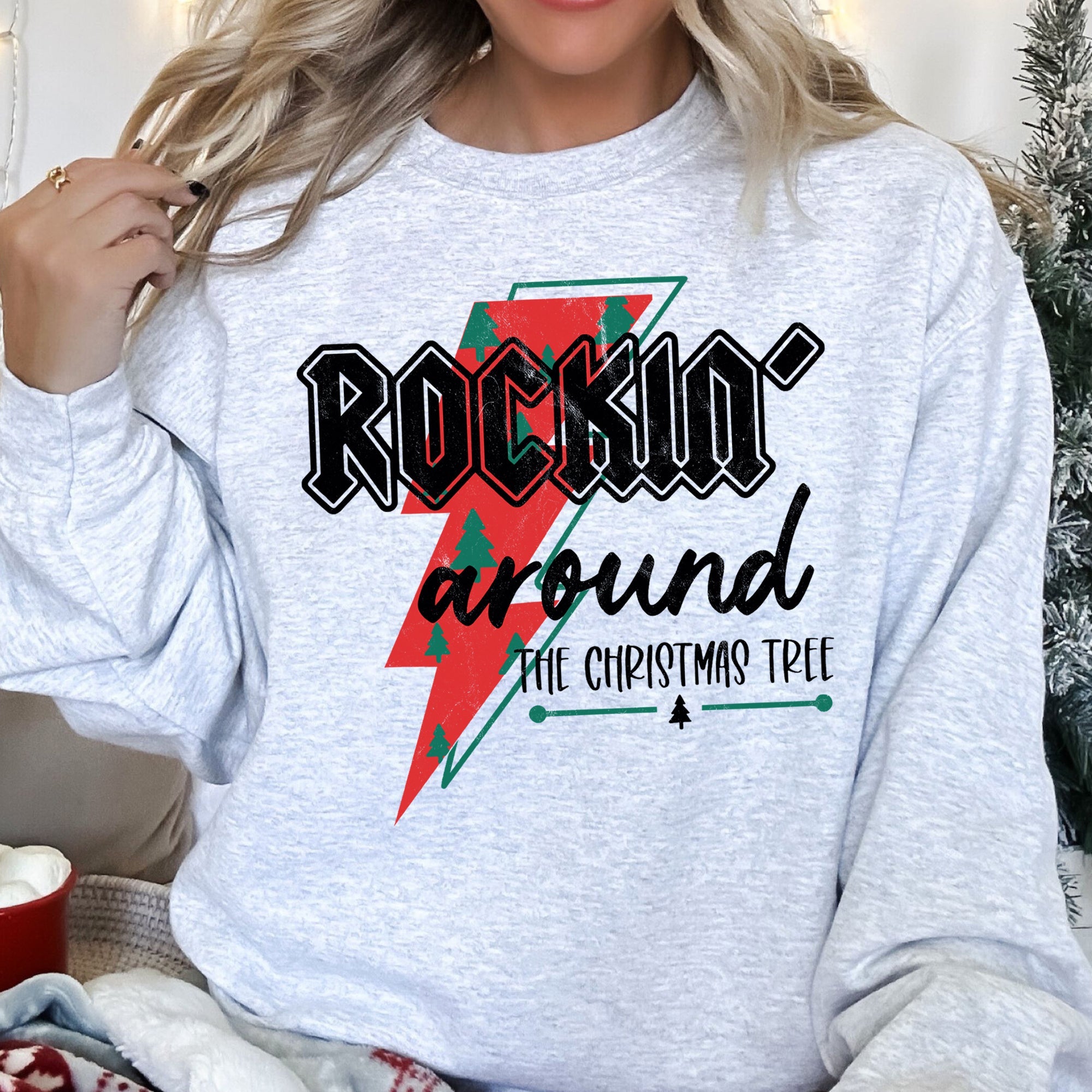 Rocking Around The Christmas Tree, Lightning Bolt Festive Holiday Graphic Sweatshirt
