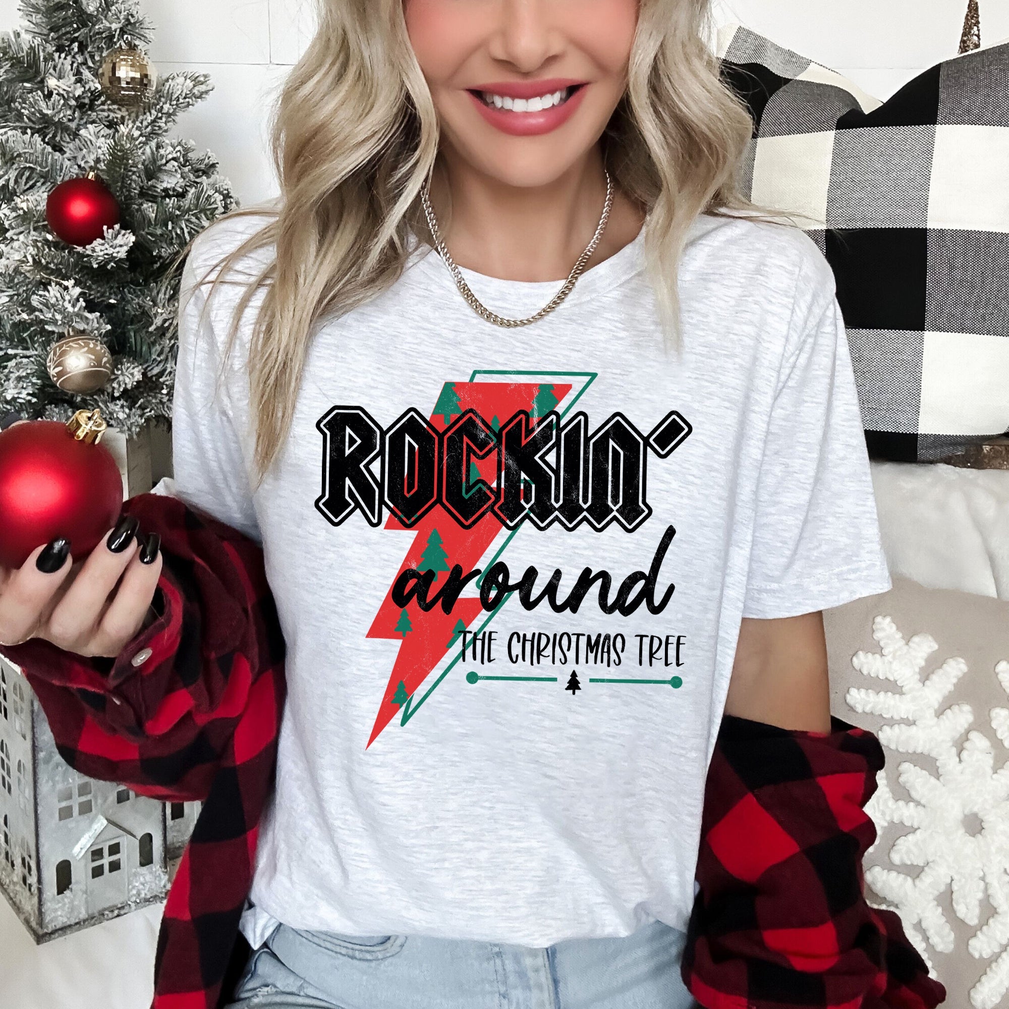 Rocking Around Christmas Tree Lightning Bolt Retro Vintage Rock Super Soft Graphic Tee