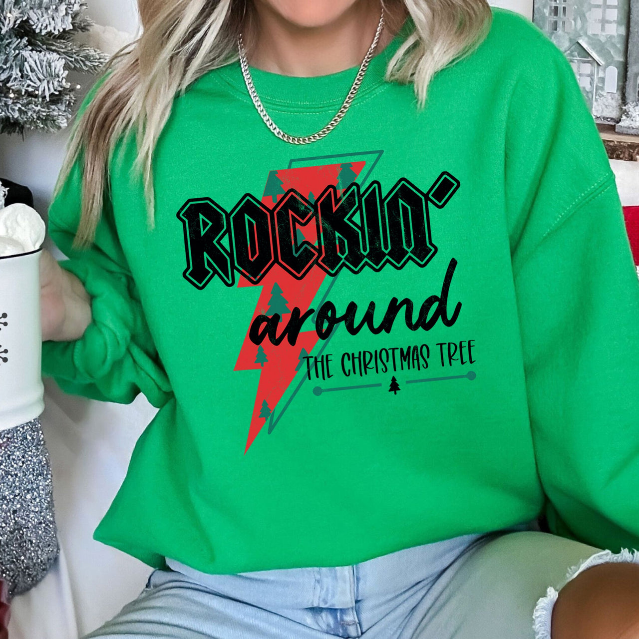 Rocking Around The Christmas Tree, Lightning Bolt Festive Holiday Graphic Sweatshirt