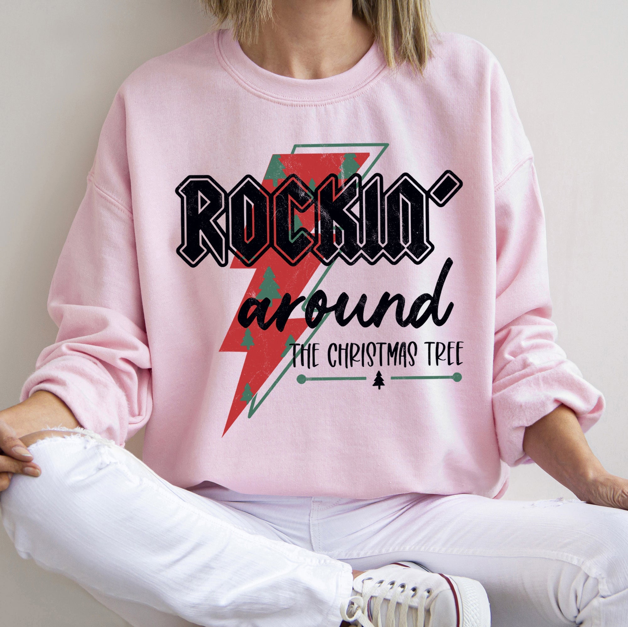 Rocking Around The Christmas Tree, Lightning Bolt Festive Holiday Graphic Sweatshirt