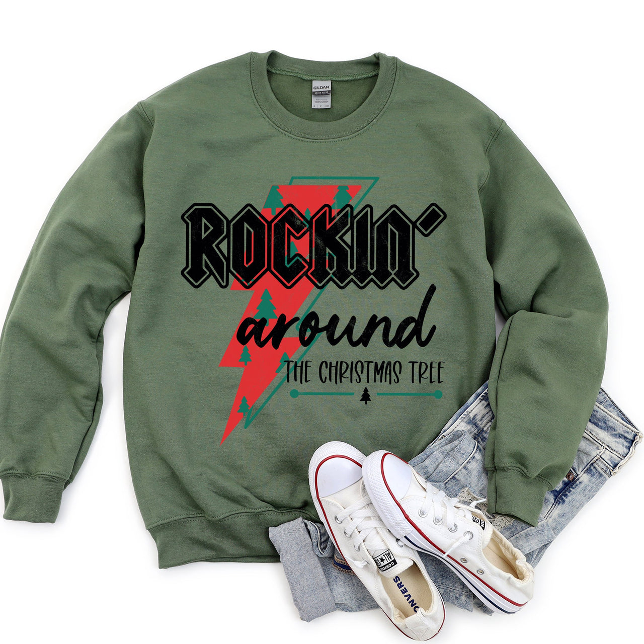 Rocking Around The Christmas Tree, Lightning Bolt Festive Holiday Graphic Sweatshirt
