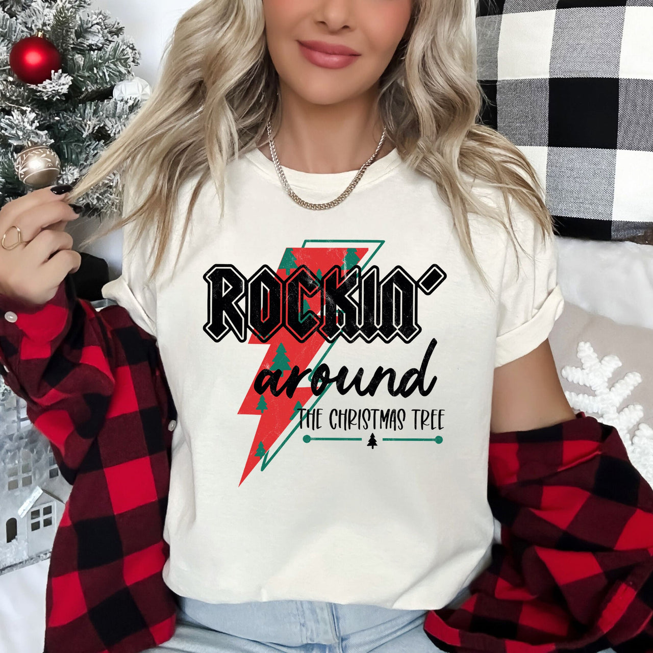 Rocking Around Christmas Tree Lightning Bolt Retro Vintage Rock Super Soft Graphic Tee