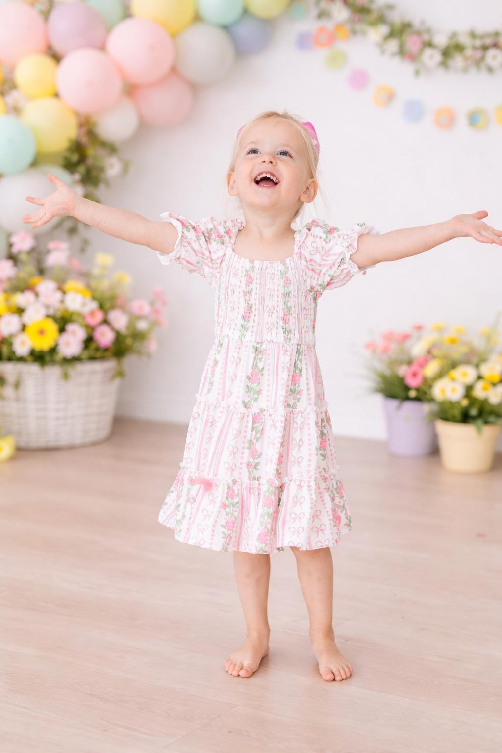 Rosebud Bows Smocked Ruffle Dress