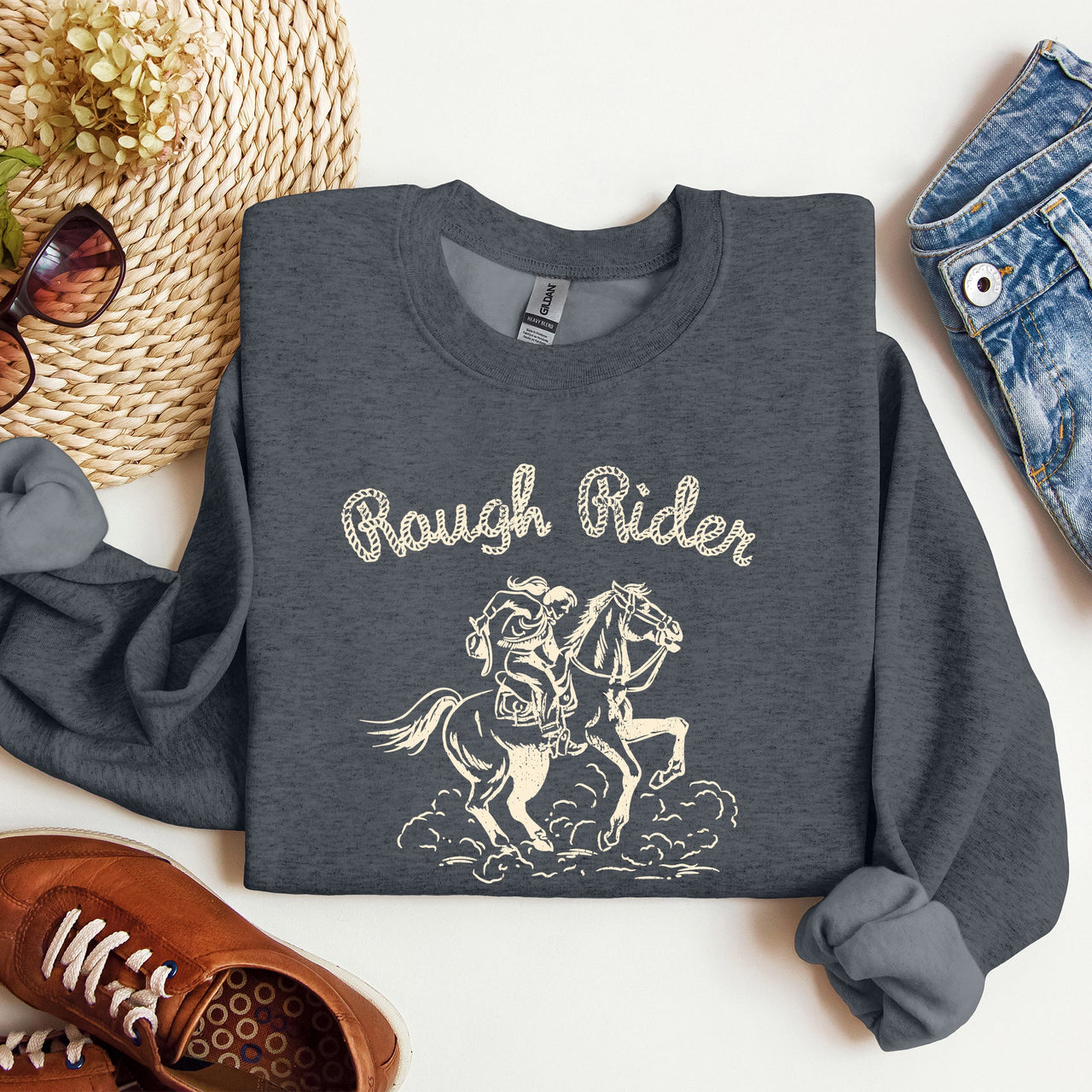 Rough Rider, Cowgirl, Horse, Rodeo Western Heritage Illustration Graphic Sweatshirt