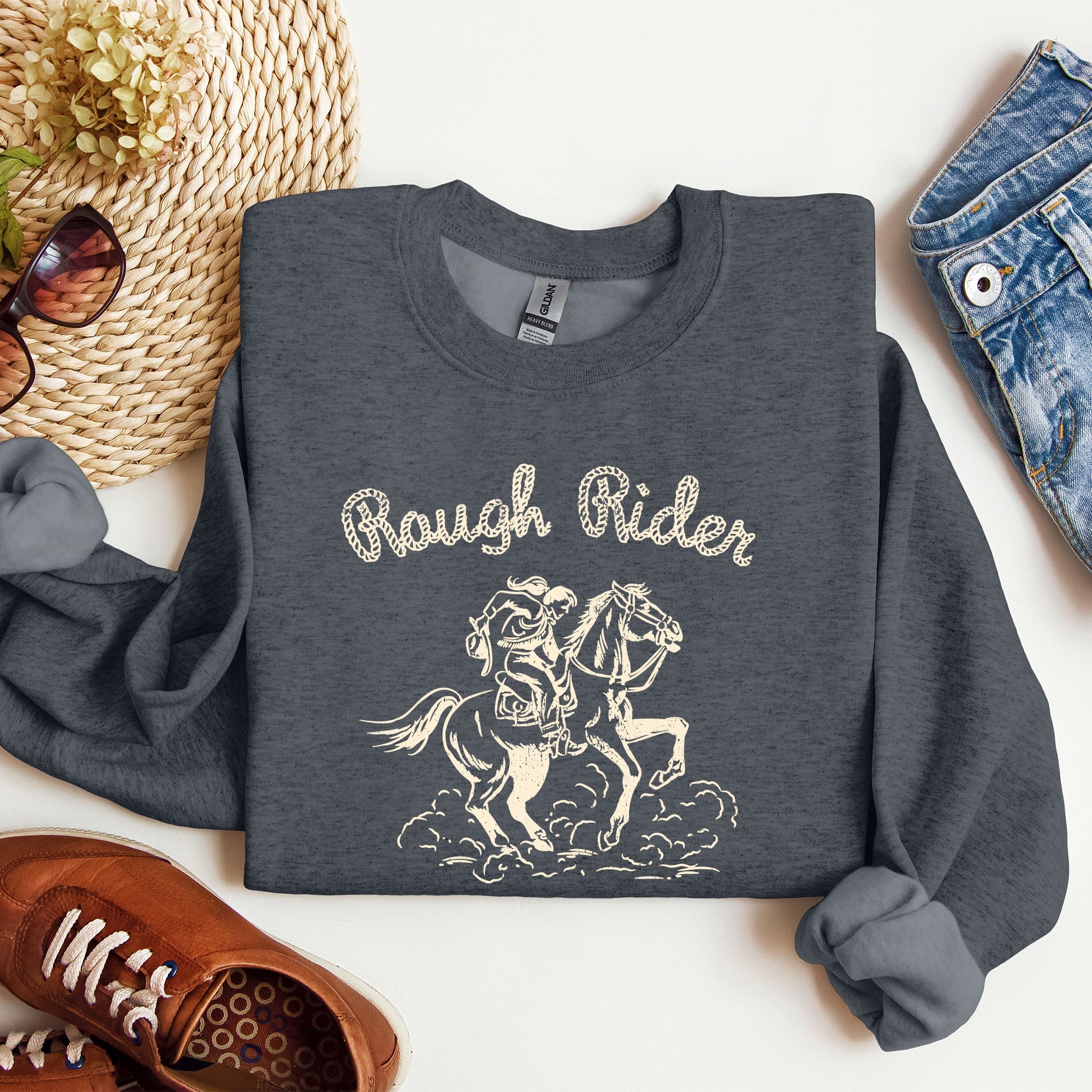 Rough Rider, Cowgirl, Horse, Rodeo Western Heritage Illustration Graphic Sweatshirt
