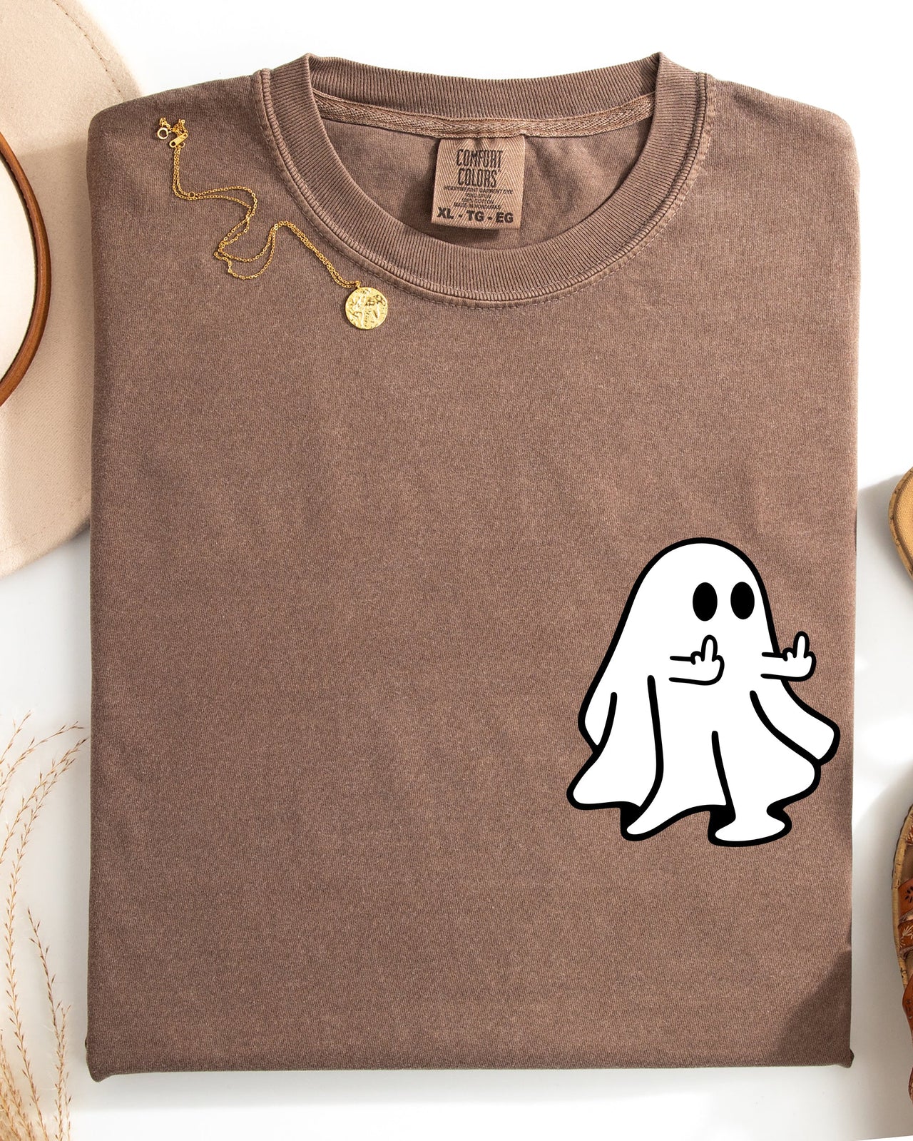 Rude Ghost Pocket Print Middle Finger Crude Vulgar Meme Halloween Comfort Colors Tee