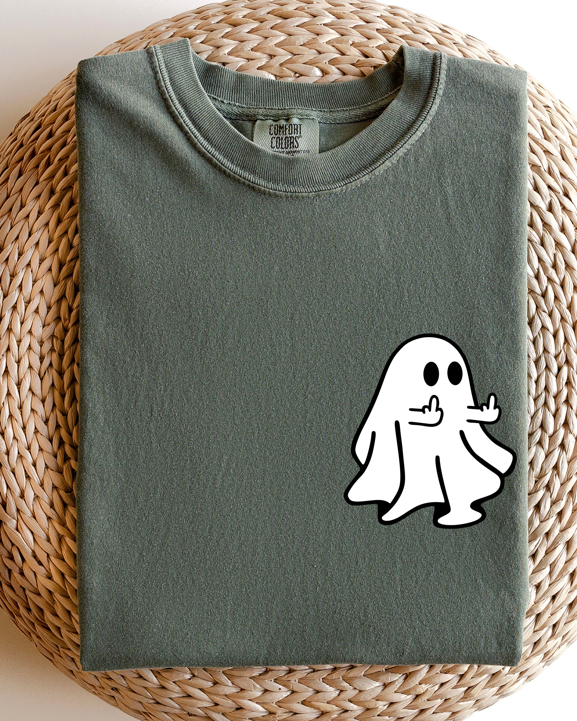 Rude Ghost Pocket Print Middle Finger Crude Vulgar Meme Halloween Comfort Colors Tee