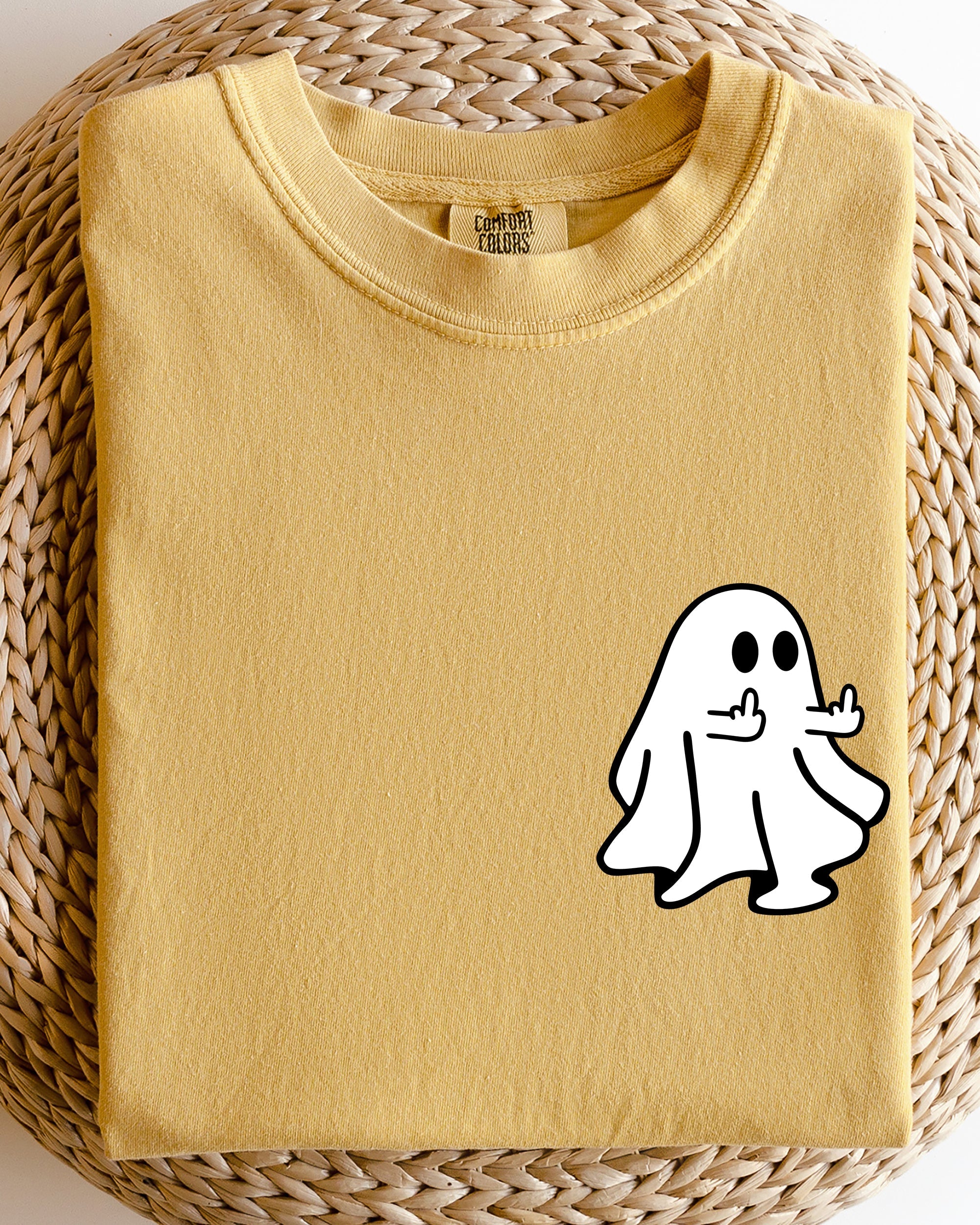 Rude Ghost Pocket Print Middle Finger Crude Vulgar Meme Halloween Comfort Colors Tee