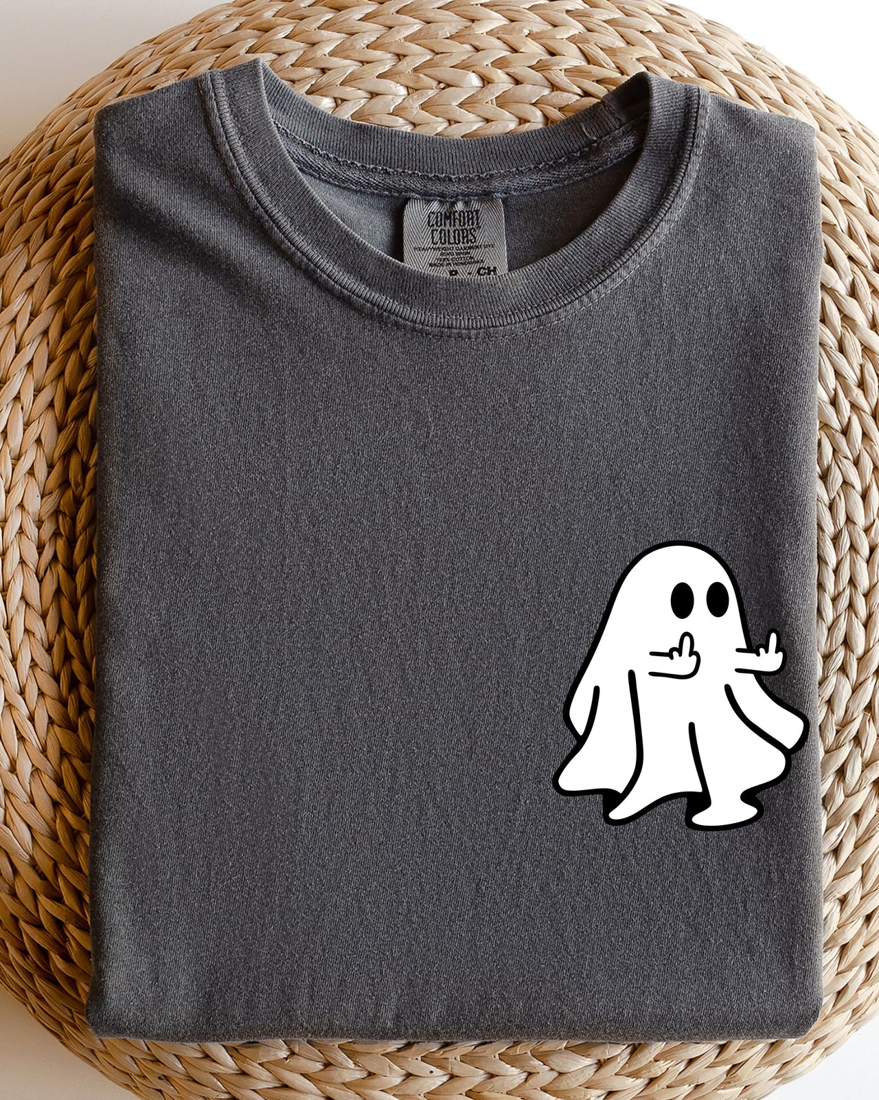 Rude Ghost Pocket Print Middle Finger Crude Vulgar Meme Halloween Comfort Colors Tee