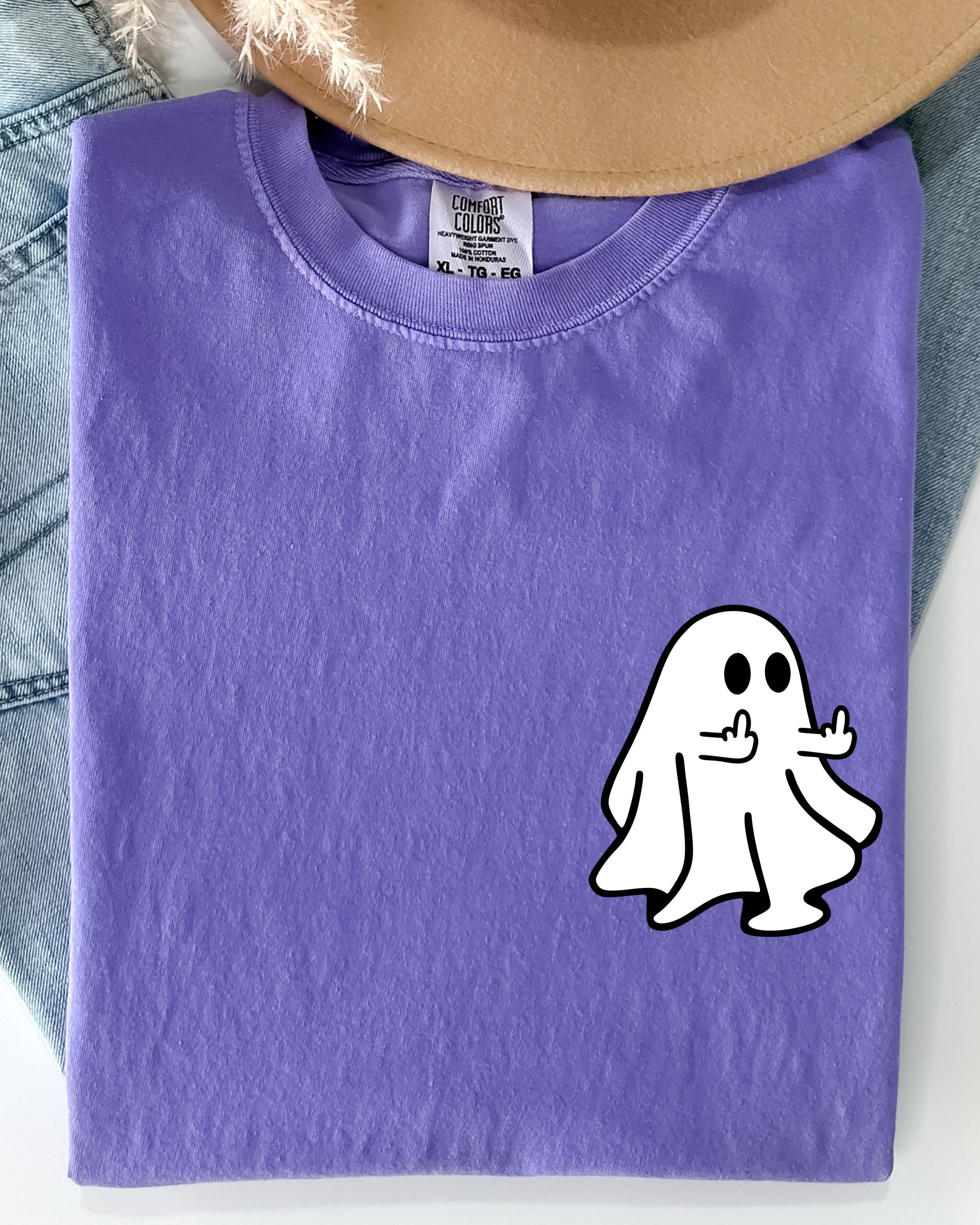 Rude Ghost Pocket Print Middle Finger Crude Vulgar Meme Halloween Comfort Colors Tee