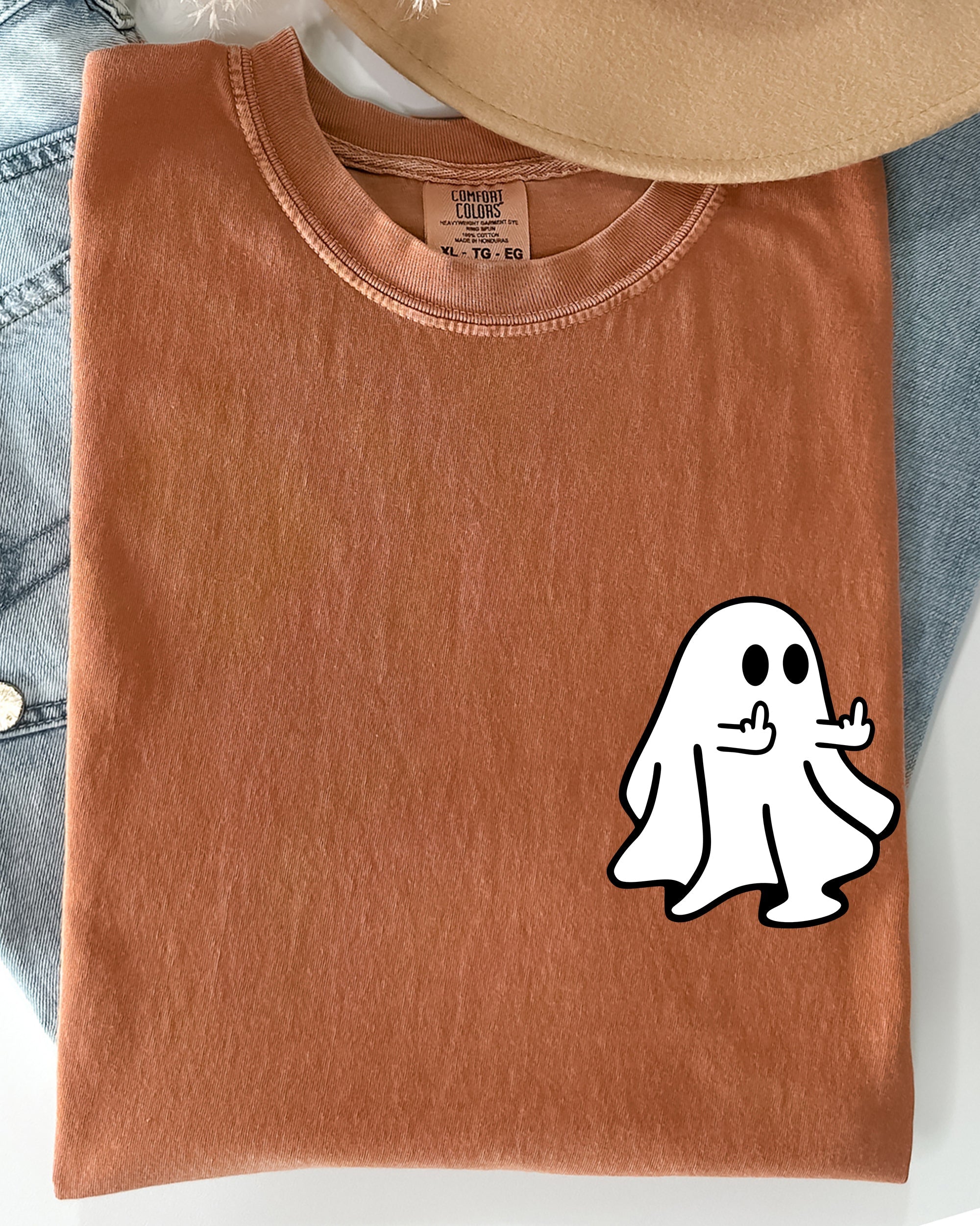 Rude Ghost Pocket Print Middle Finger Crude Vulgar Meme Halloween Comfort Colors Tee