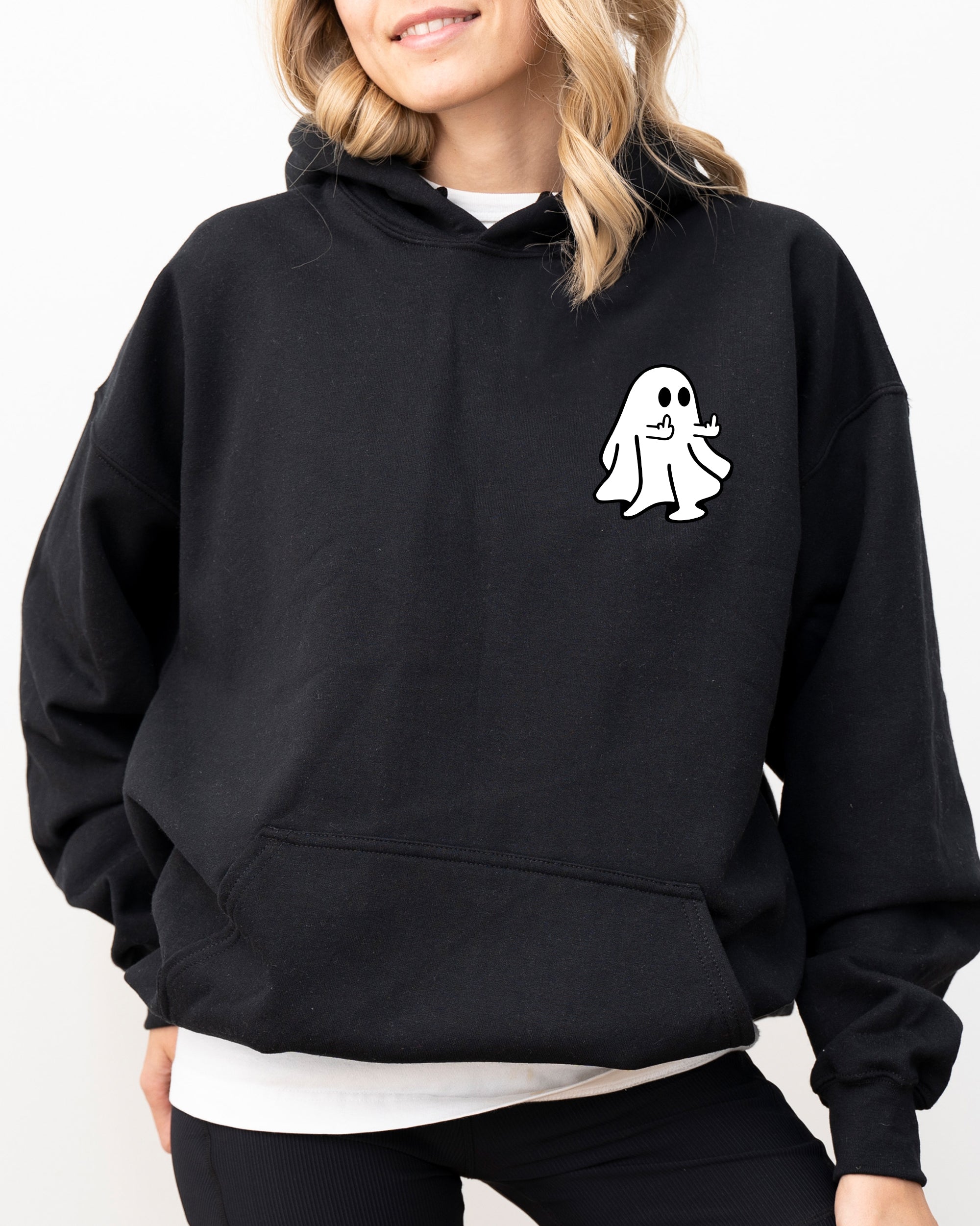 Rude Ghost Pocket Print Middle Finger Crude Vulgar Meme Halloween Hooded Sweatshirt