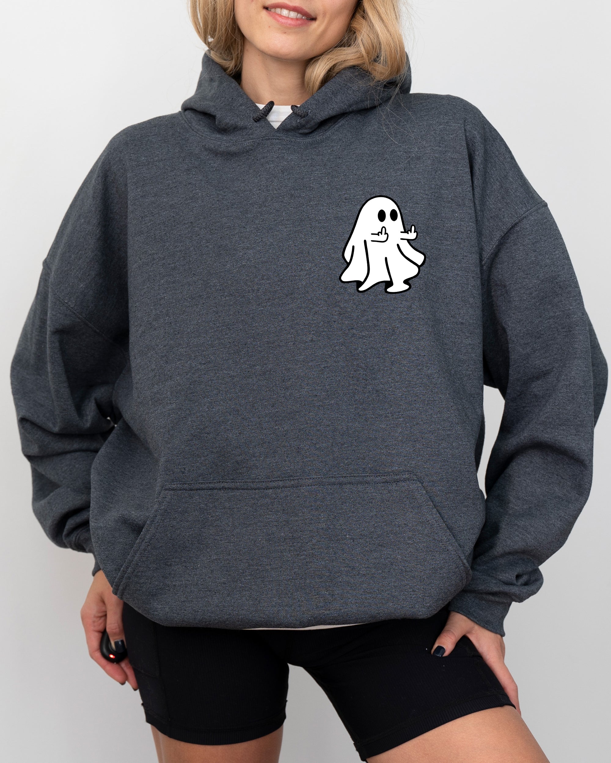 Rude Ghost Pocket Print Middle Finger Crude Vulgar Meme Halloween Hooded Sweatshirt