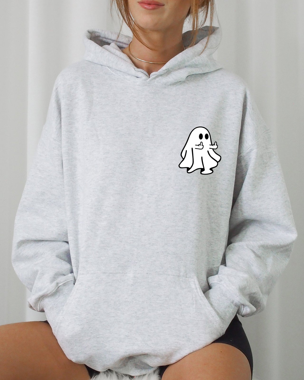 Rude Ghost Pocket Print Middle Finger Crude Vulgar Meme Halloween Hooded Sweatshirt