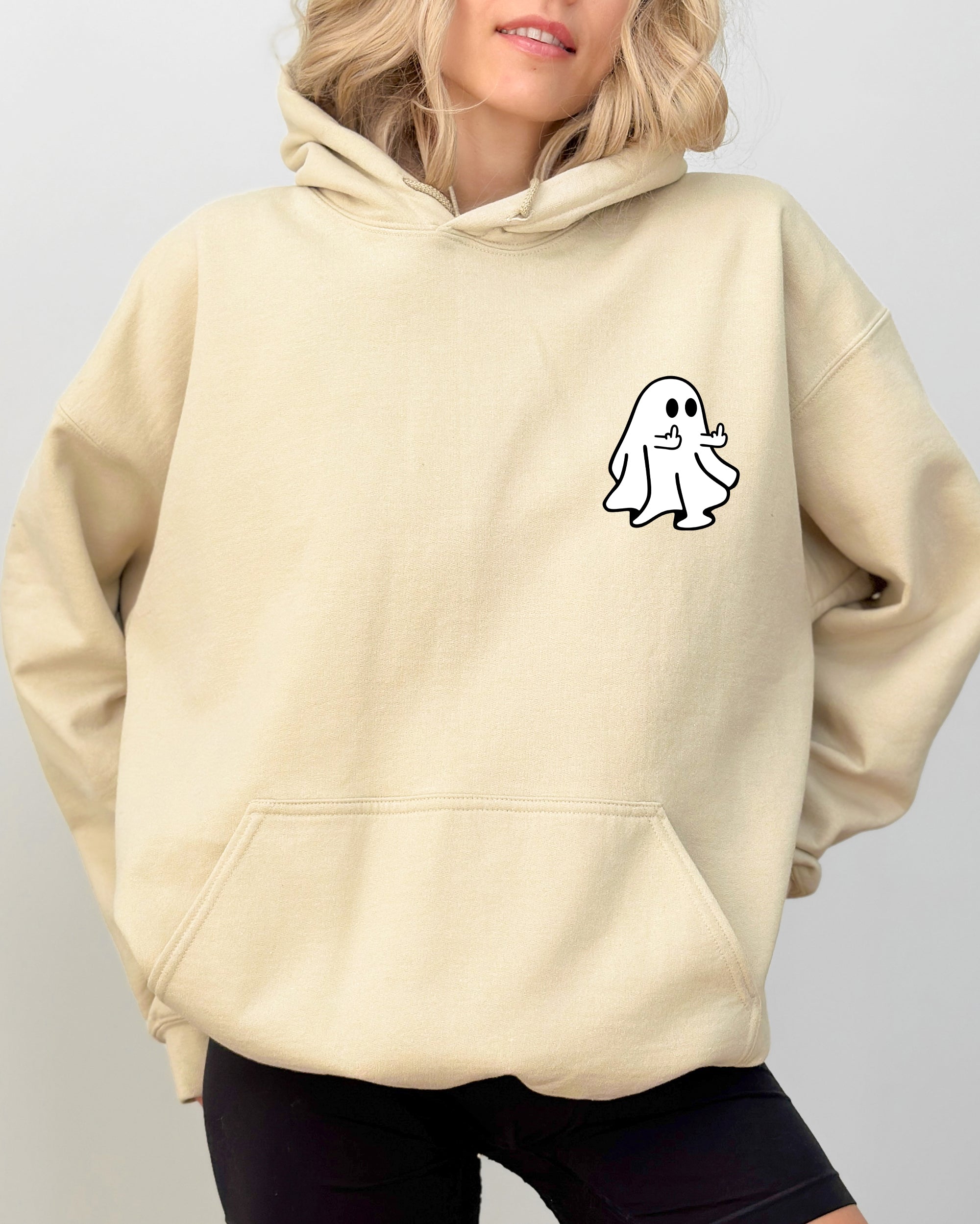 Rude Ghost Pocket Print Middle Finger Crude Vulgar Meme Halloween Hooded Sweatshirt