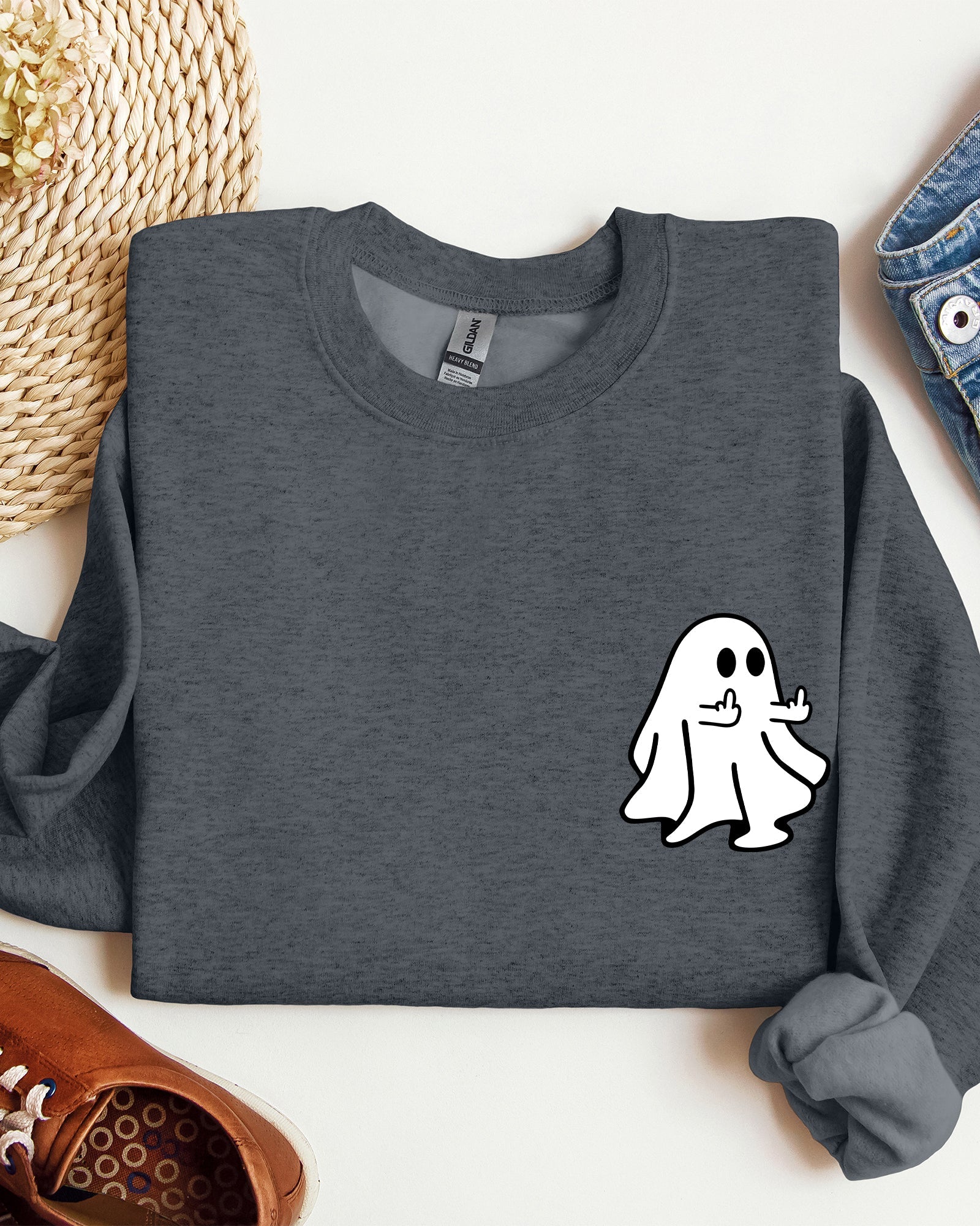 Rude Ghost Pocket Print Middle Finger Crude Vulgar Meme Halloween Edition Sweatshirt