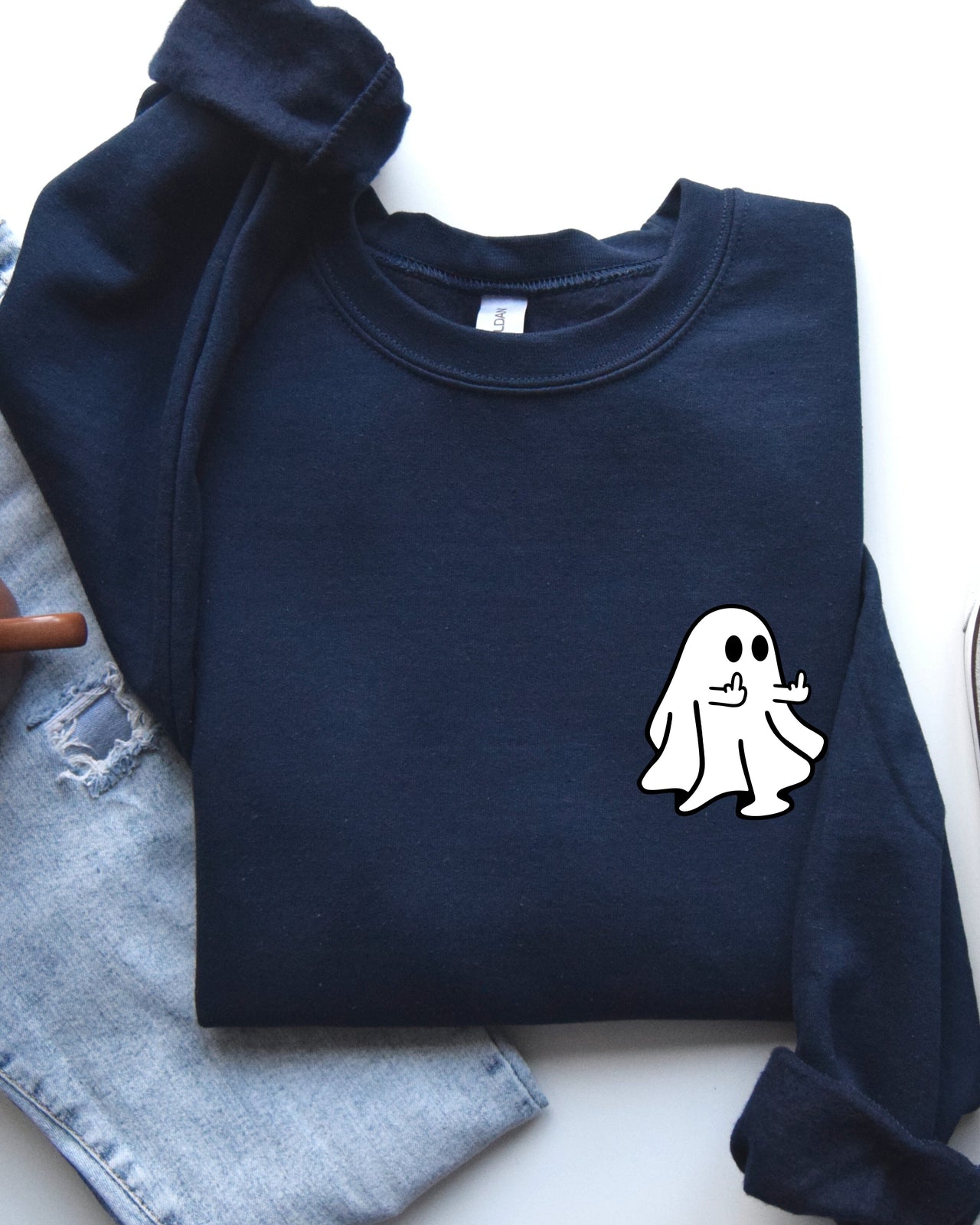 Rude Ghost Pocket Print Middle Finger Crude Vulgar Meme Halloween Edition Sweatshirt