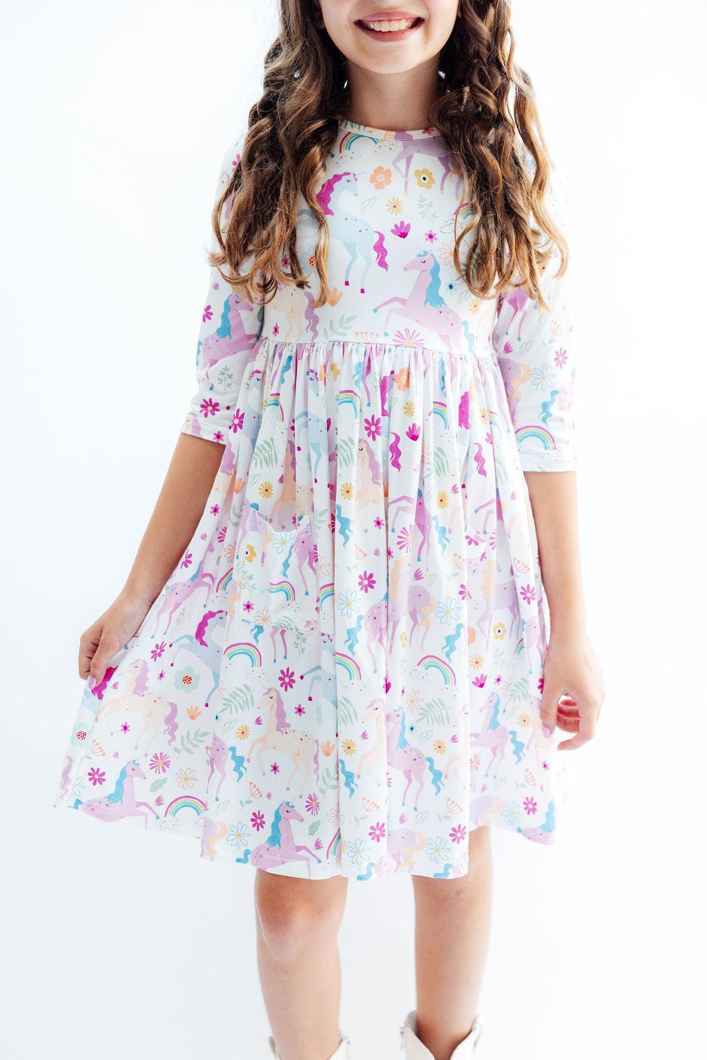 Rainbow Vibes 3/4 Sleeve Pocket Twirl Dress