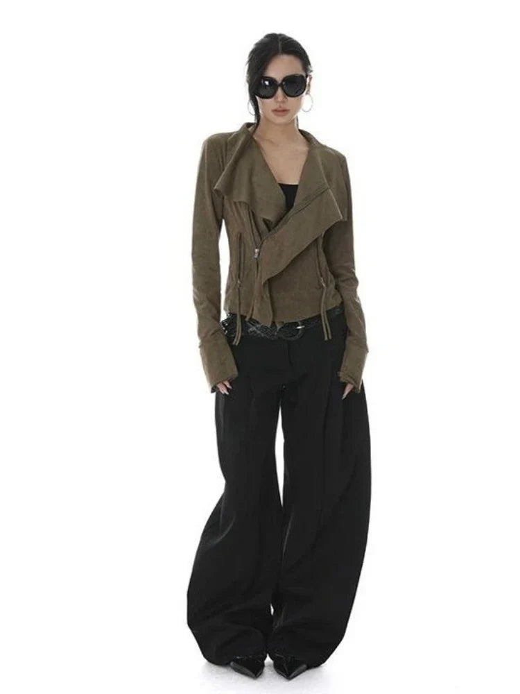 Vintage Turn Down Collar Cropped Jackets Women Harajuku Punk Slim Fit Coat Streetwear Pocket Zipper Y2k Aesthetic Grunge Outwear