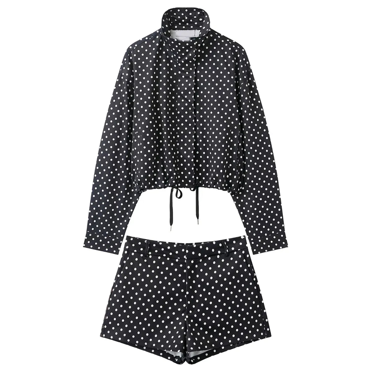 HH Woman Autumn Long Sleeves Turtleneck Zipper With Pockets Drawstring Casual Coats Women Fashion Polka Dot Printed Jacket