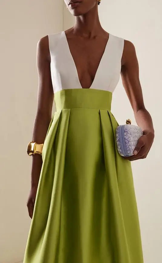 Womens Dresses 2025 Spring Summer New Solid Color Elegant Temperament Sexy Deep V-Neck Sleeveless High Waist Party Dresses