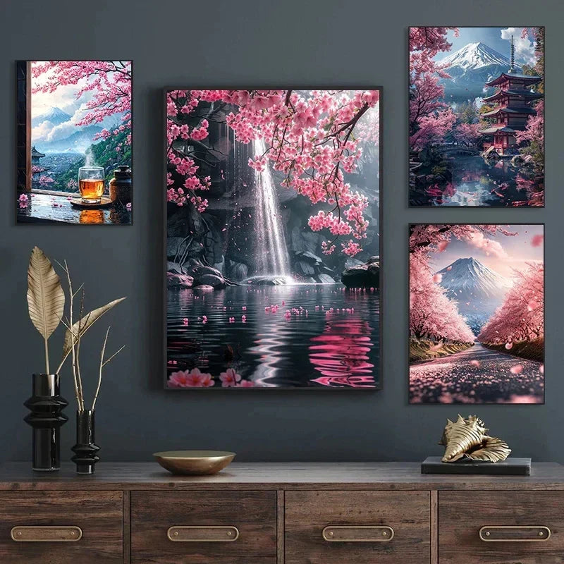 Pink City Asian Travel Japanese Cherry Blossoms At Mount Fuji Poster Light Prints Canvas Painting Wall Pictures Home Room Dec