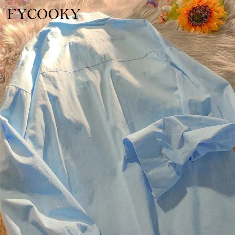 Yellow Oil Painting Print Shirts Women Spring Autumn Thin Loose Button Up Blouses Long Sleeved Oversize Shirt for Teenage Girls
