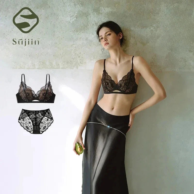 SUJIIN Summer Sexy Bra and Panty Sets for Woman Lace Comfort Thin Bras Set Women's Small Chest Wireless Lingeries Sexy Hot MX325