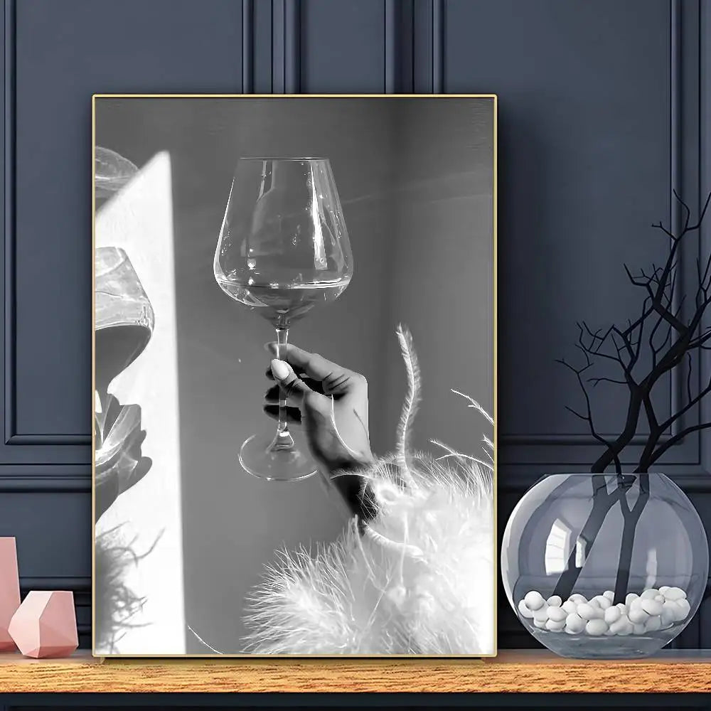 Modern Luxury Fashion Black White Art Heels Champagne Retro Poster Sticky Wall Art Printing Waterproof Home Living Bed Room Bar