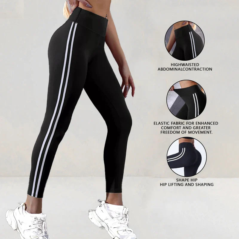 Womens High Waist Striped Yoga Leggings Butt Lifting Stretchy Breathable Tummy Control Soft Workout Pants for Gym Running