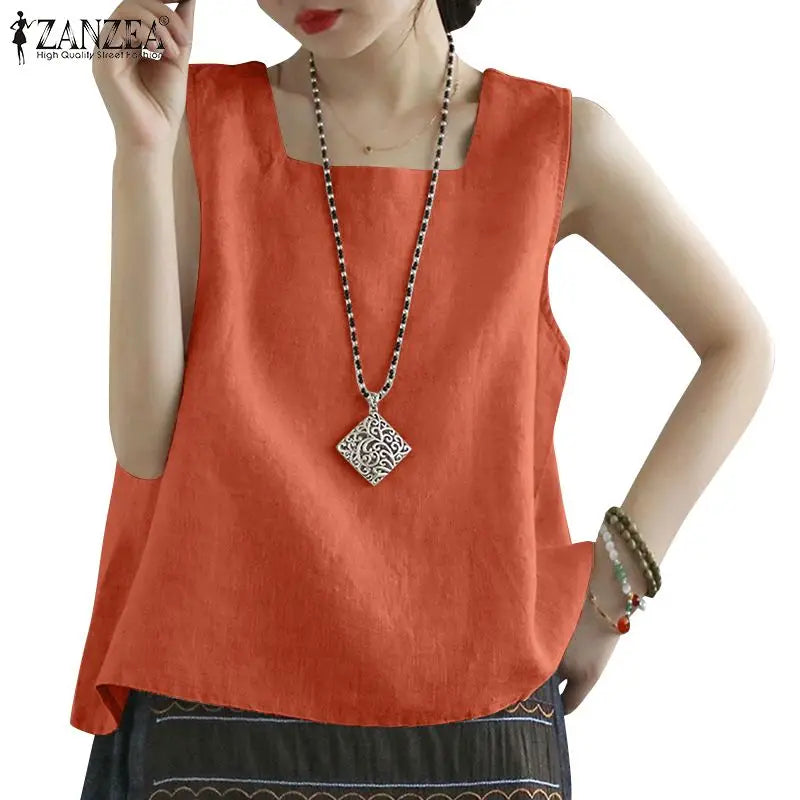 ZANZEA Summer Tanks Tops Women Square Neck Sleeveless Blouse Elegant Cotton Shirt Casual Solid Holiday Beach Blusas Female Tunic