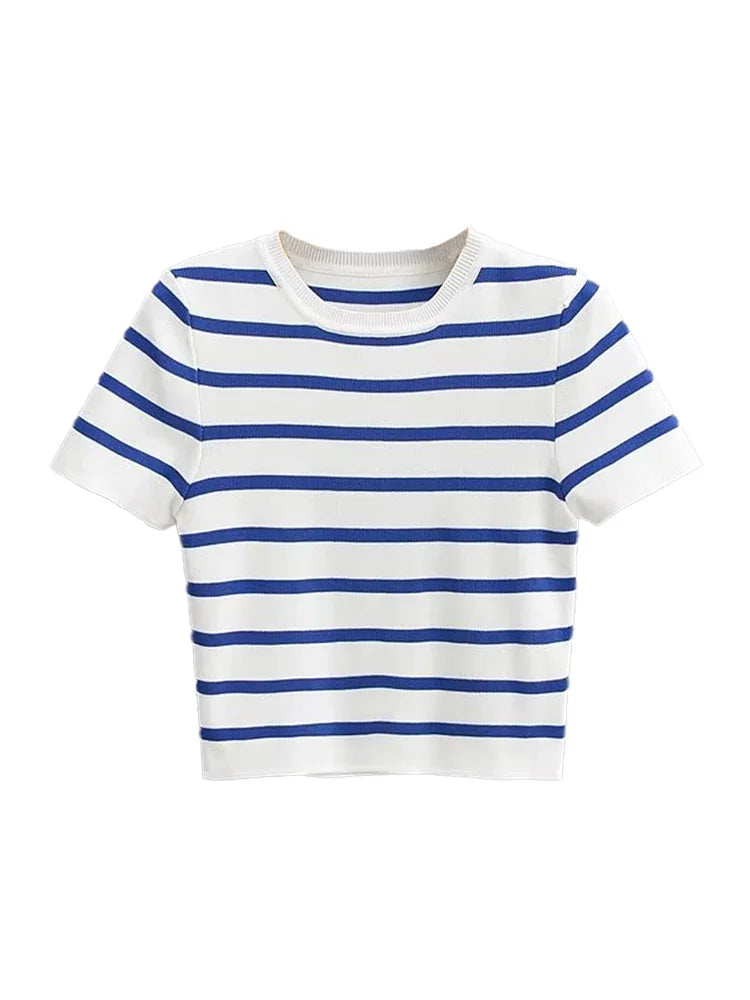 Women Fashion Striped Basic Cropped Knit Sweater Vintage O Neck Short Sleeve Female Pullovers Chic Tops