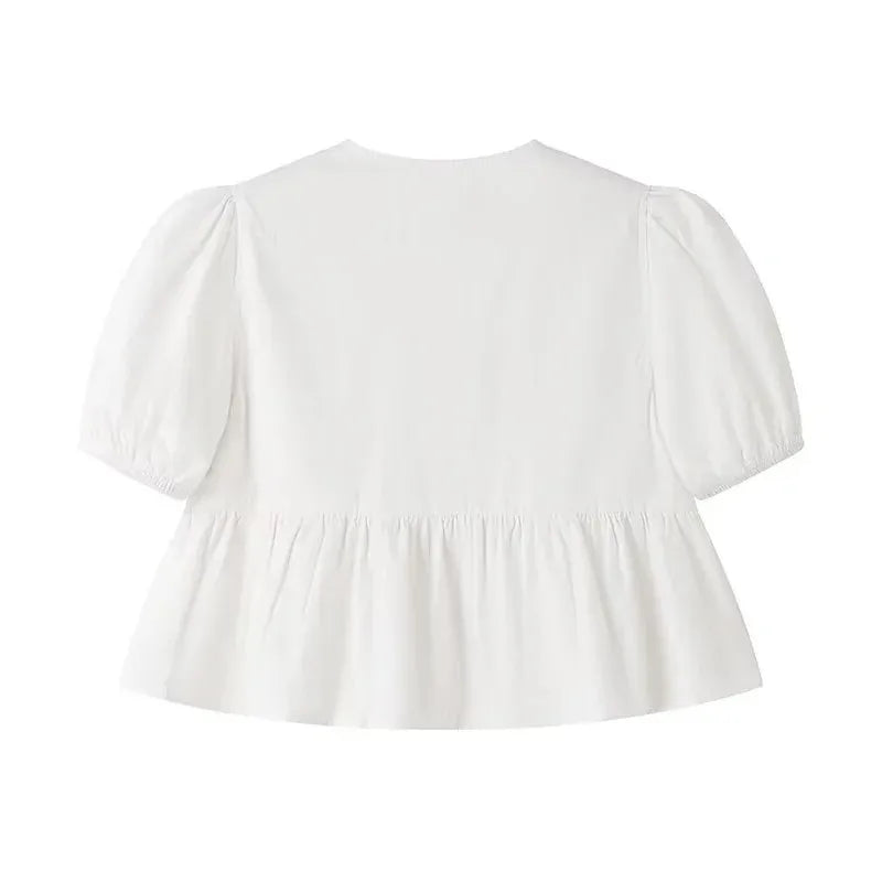 MUJER White Ruffle Crop Top Women Black Short Puff Sleeve Blouse Female Bow Tied Summer Blouses Woman 2025 Ruched Cute Tops
