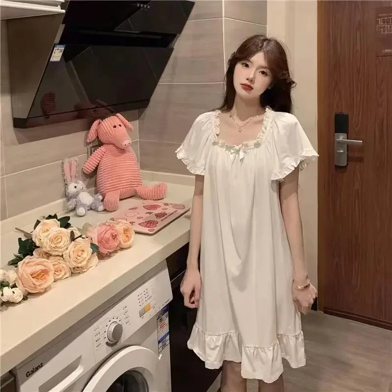 White Mid Length Nightgowns Summer Pajamas Women's Home Clothes New Dress Korean Sleepwear For Sleeping Sexy Nightwear Woman Top