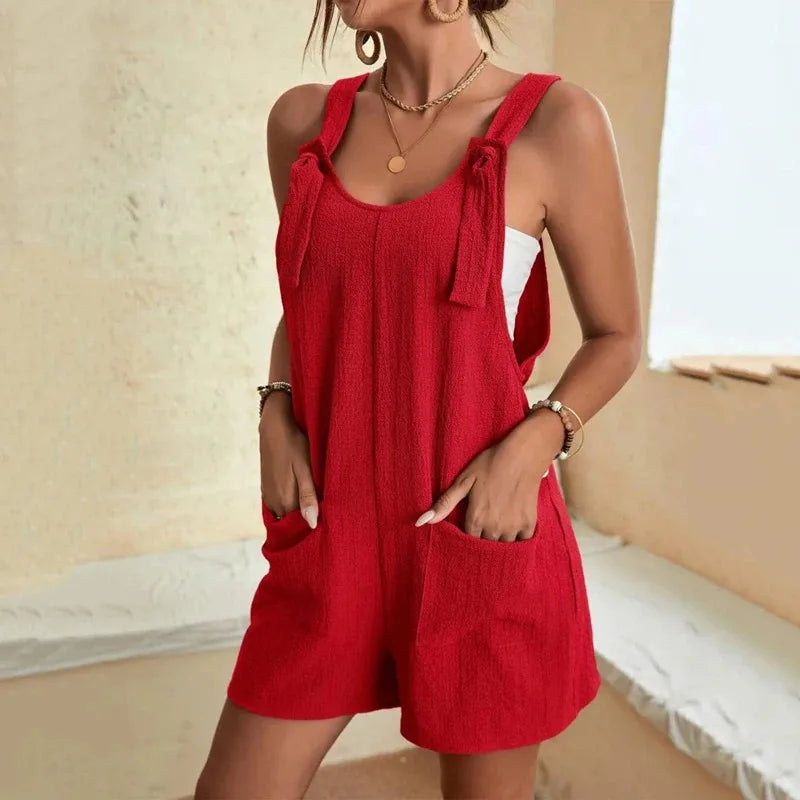 Women's Casual Summer Short Rompers Loose Overall Solid Sleeveless Lace up Wide Leg Pant Tie Knot Strap Jumpsuits with Pockets
