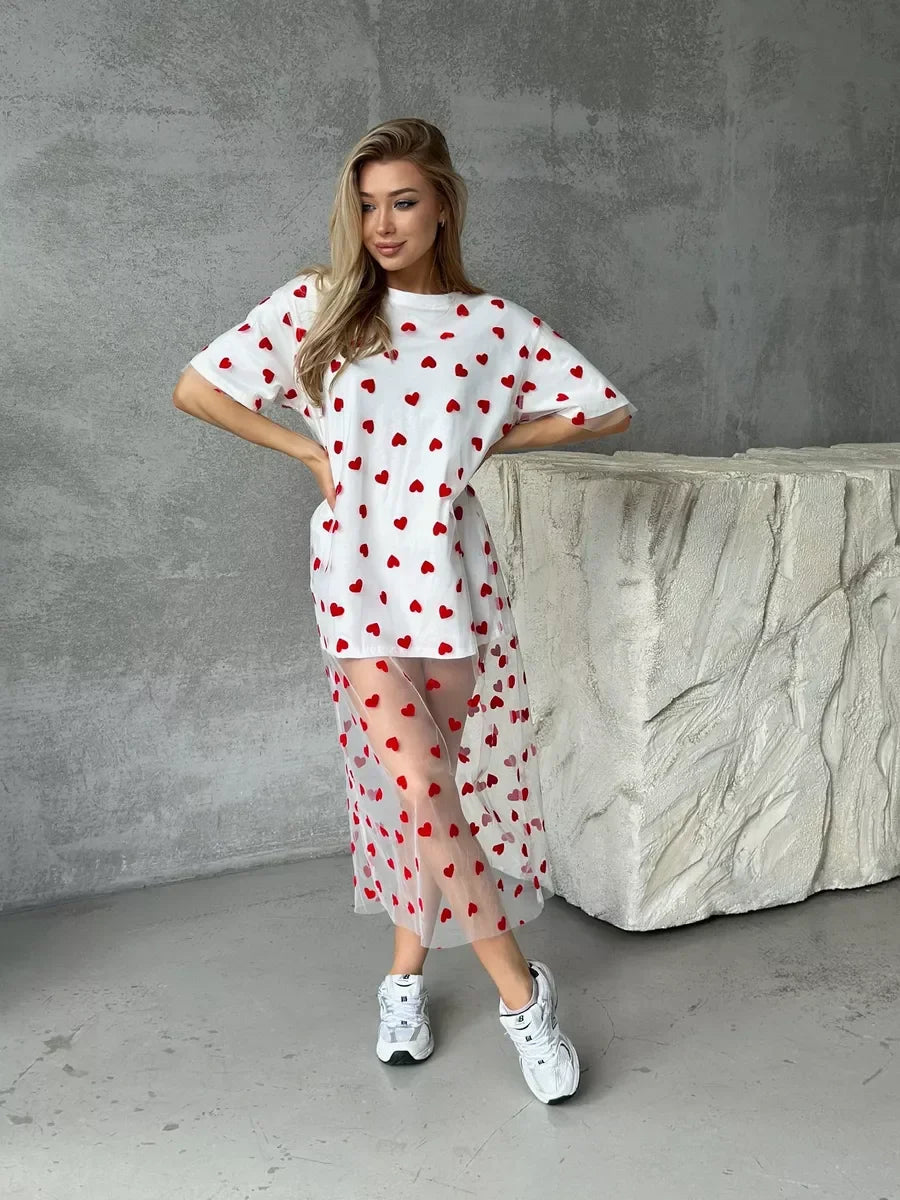Hirsionsan Heart  Mesh Patchwork Vintage T Shirt Streetwear Aesthetic Chic T Shirt Women Casual Cotton Short Sleeve Tops Y2k