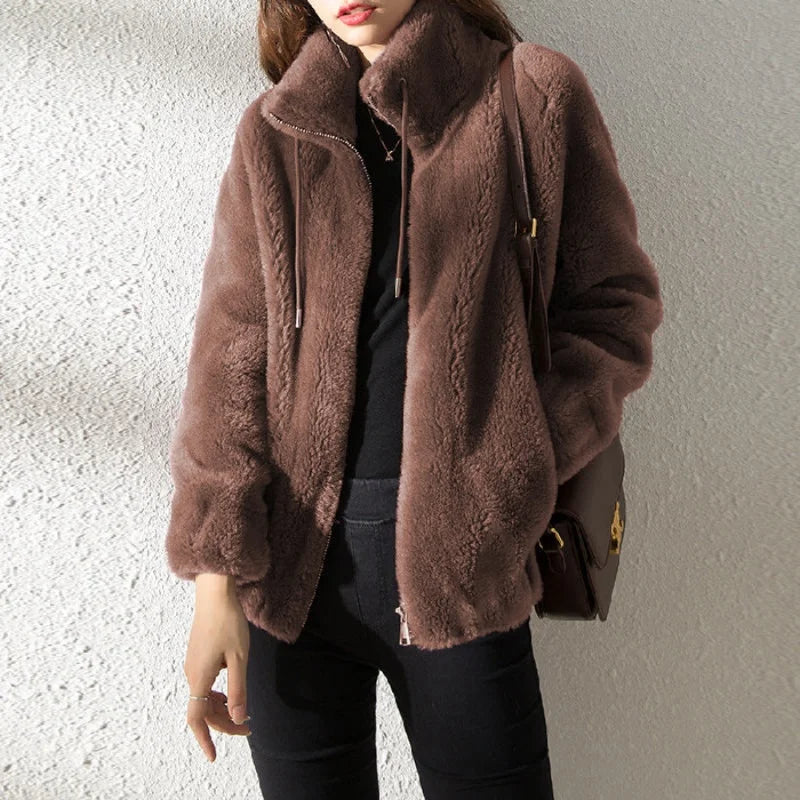 Women Autumn Winter Faux Fur Coats Zipper Cardigan Plush Thick Warm Coat Loose Oversized Outerwear Female Coral Fleece Overcoat