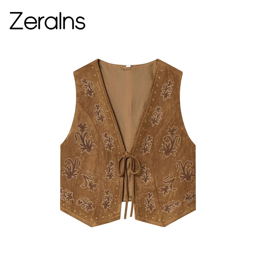 ZERAINS Autumn new women's clothing European and American style bead embroidery suede texture effect vest