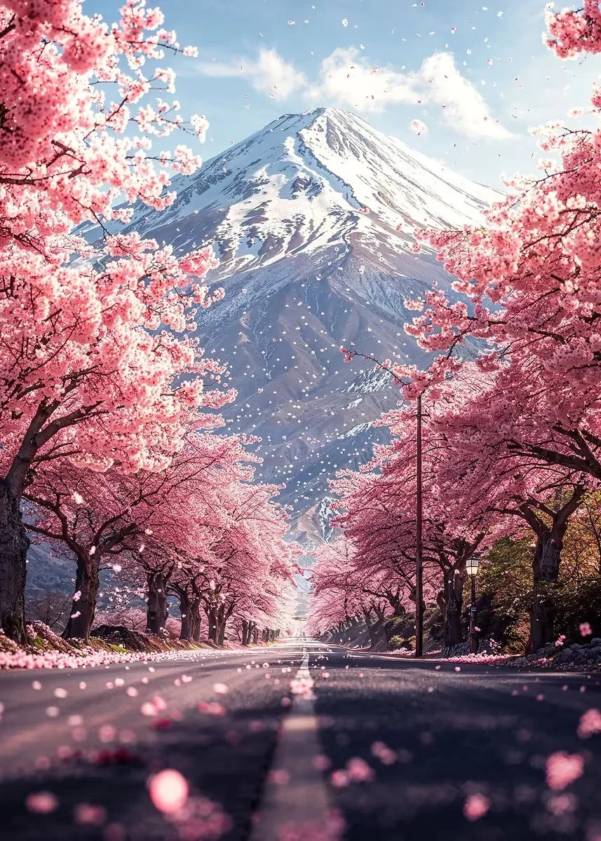 Pink City Asian Travel Japanese Cherry Blossoms At Mount Fuji Poster Light Prints Canvas Painting Wall Pictures Home Room Dec