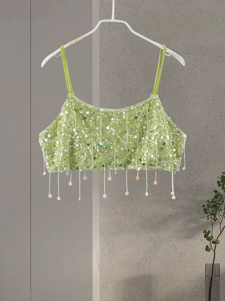Sexy Tassel Chains Women's Set Elegant Solid Sequins Hip Package Female Party Mini Skirts Summer Holiday Lady Outfit Beachwear