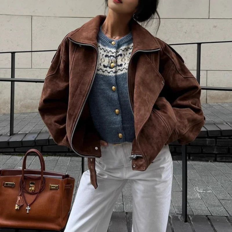 European and American Brown Lapel Irregular Short Loose Jacket Retro Maillard Fashion Casual Top