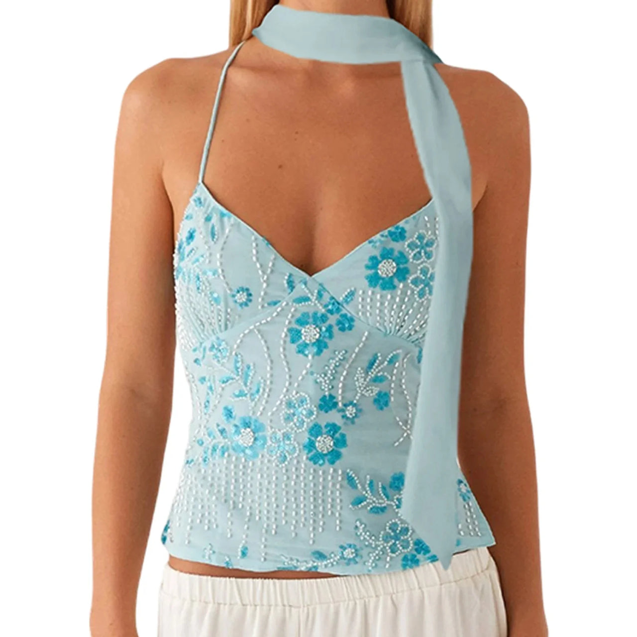 hirigin Sequin Halter Crop Tops for Women Y2k Pearl Embellished Cami Tops Summer Glitter V Neck Rhinestone Camisole Tank Shirt