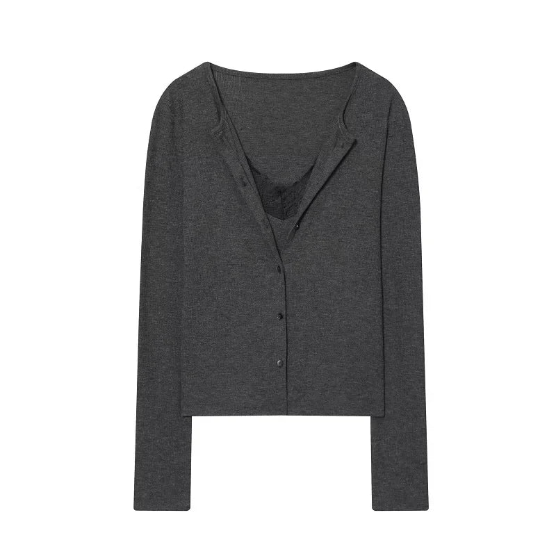 MUJER Lace Cropped Cardigan Women Button up Knit Tops Woman Vintage Knitwears Long Sleeve Knitted Cardigans Sweaters for Women