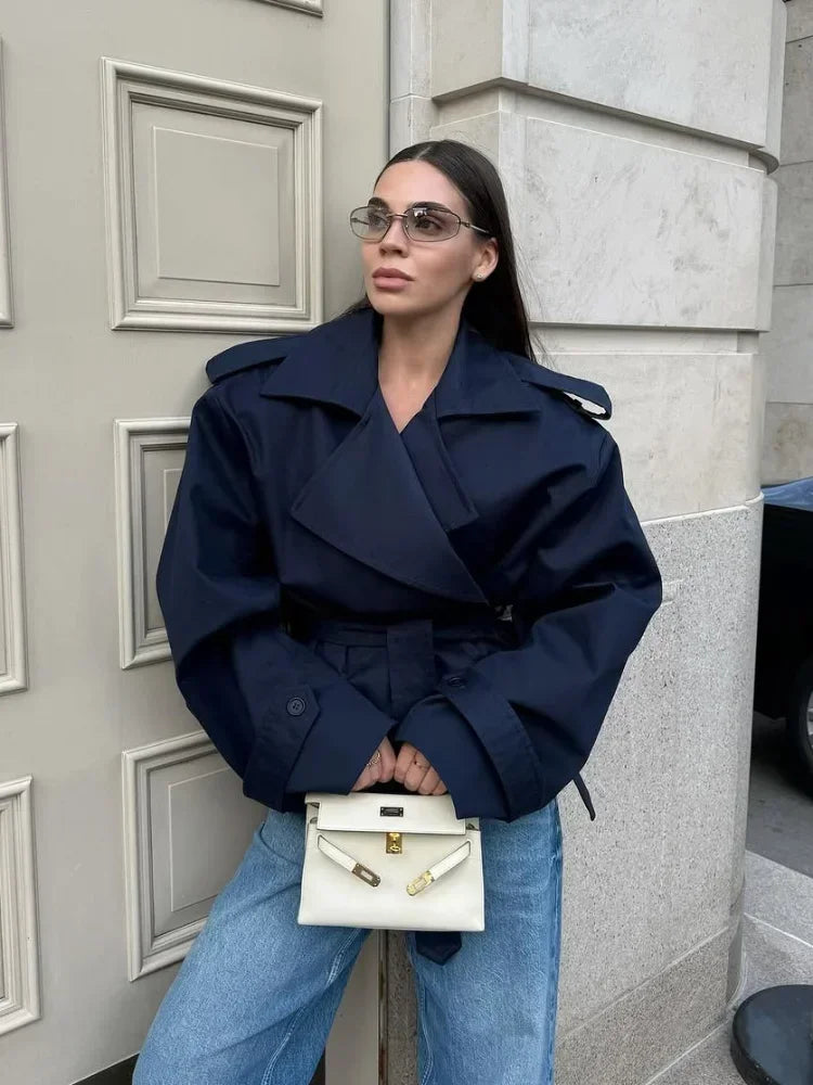 Solid Lapel Lace Up Trench Coat Women Fashion Full Sleeve Waist Cinching Short Windbreak New Autumn Office Commute Outwear 2026