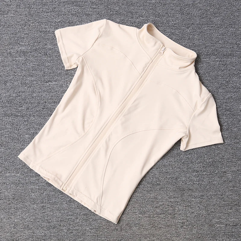 Summer High Quality Waist Slimming Training Tops Women's Quick-drying Tight Stand Collar Full Zipper Short Sleeves Yoga shirts