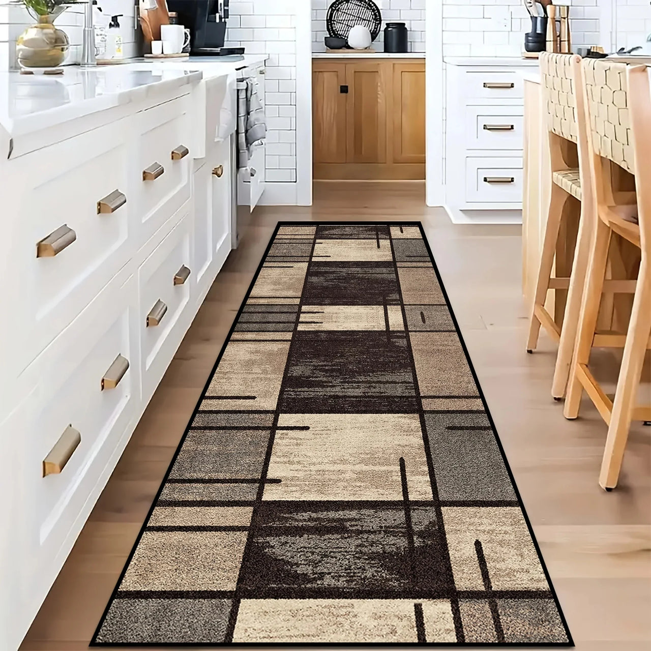 VIKAMA Simple Check Pattern Floor Mat For Kitchen, Corridor, Long Floor Pad, Anti-Slip And Easy To Clean Home Decoration